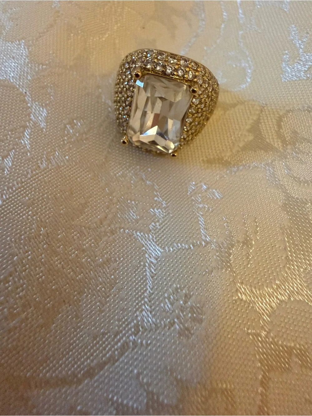Gold Tone Rectangular Clear Crystal Cocktail Ring Adjustable Size 8 bundle of 2